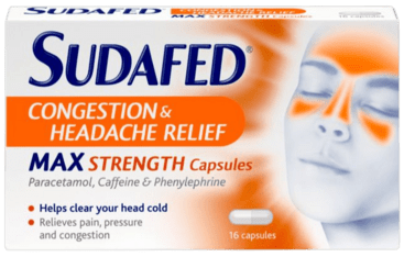 Sudafed Max Strength Congestion and Headache Relief capsules packaging box, featuring a white background with orange and blue text and a graphic of a face with orange congestion markings.