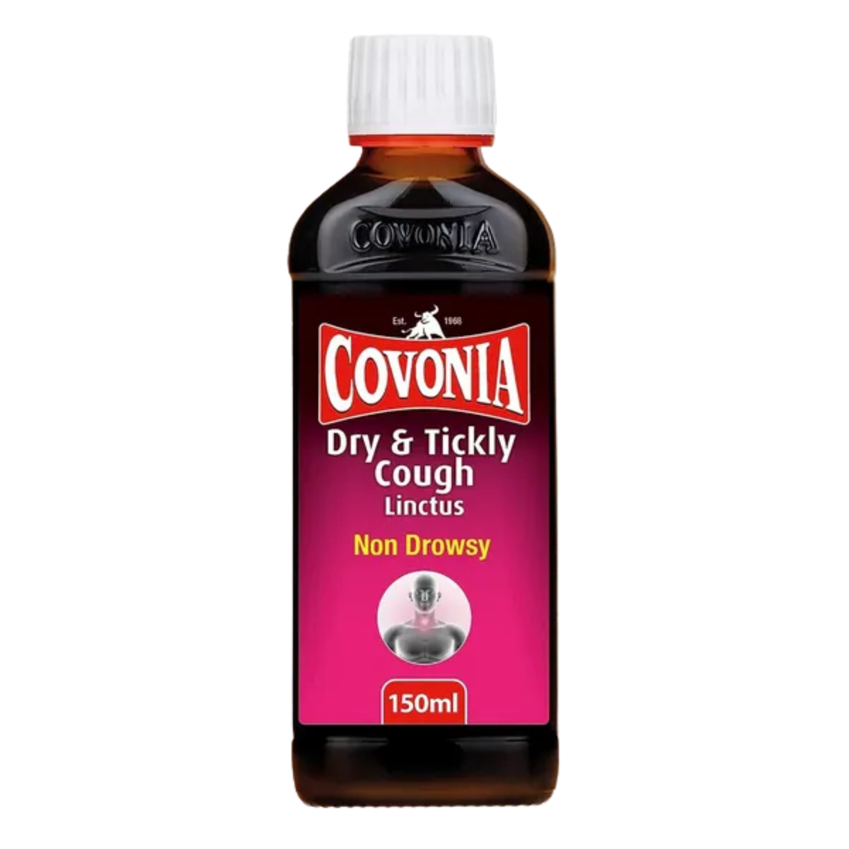 A 150ml bottle of Covonia Dry & Tickly Cough Linctus, Non Drowsy, featuring a dark amber-brown bottle, white cap, and a pink and red label.