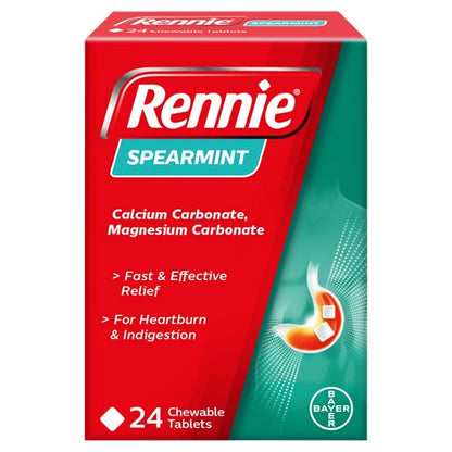 Box of Rennie Spearmint chewable tablets on a white background