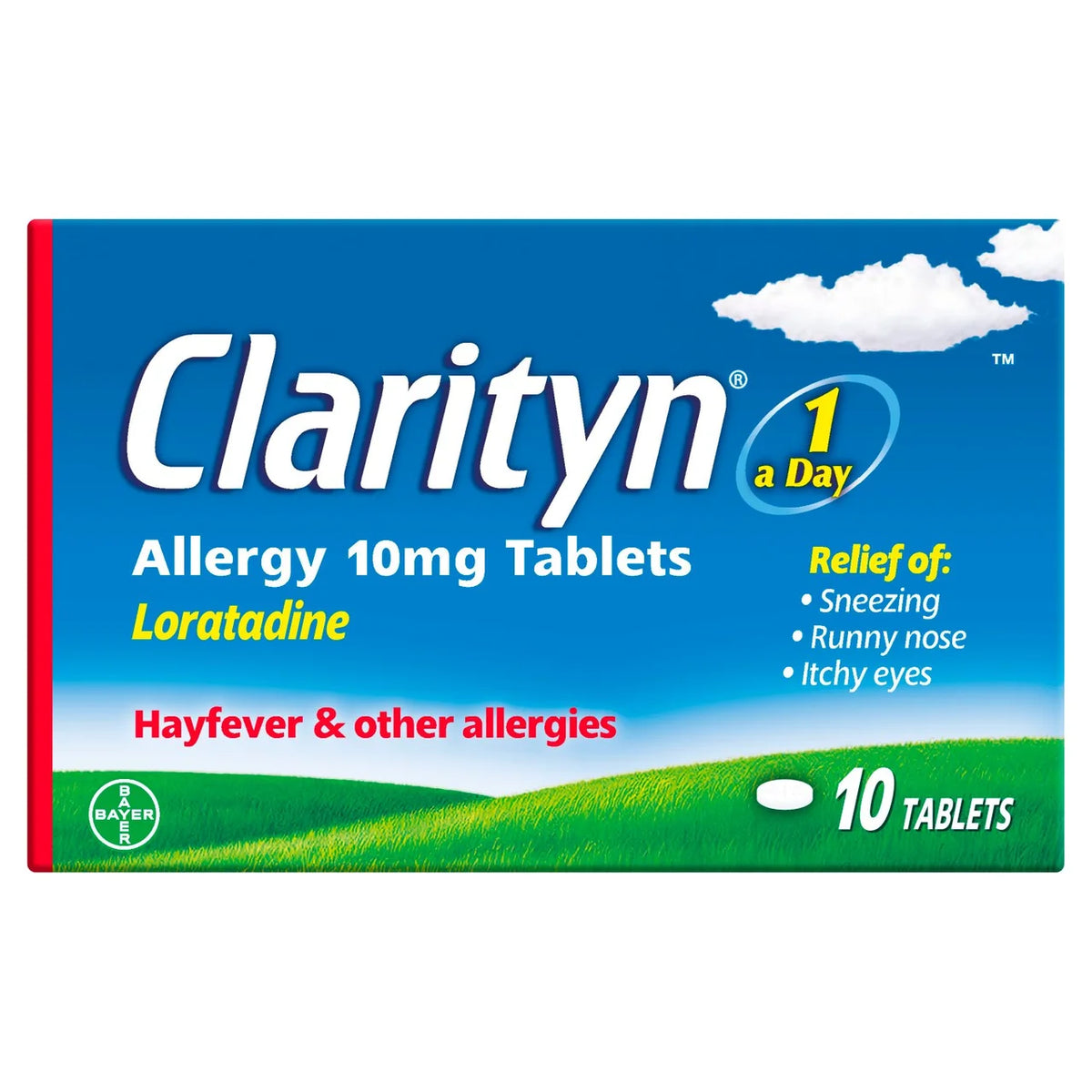 Clarityn allergy medication packaging with blue background and grassy field design.