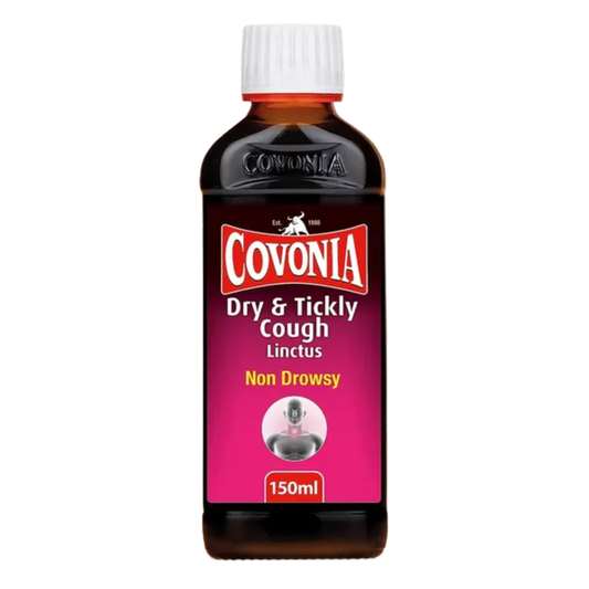 A 150ml bottle of Covonia Dry & Tickly Cough Linctus, Non Drowsy, featuring a dark amber-brown bottle, white cap, and a pink and red label.