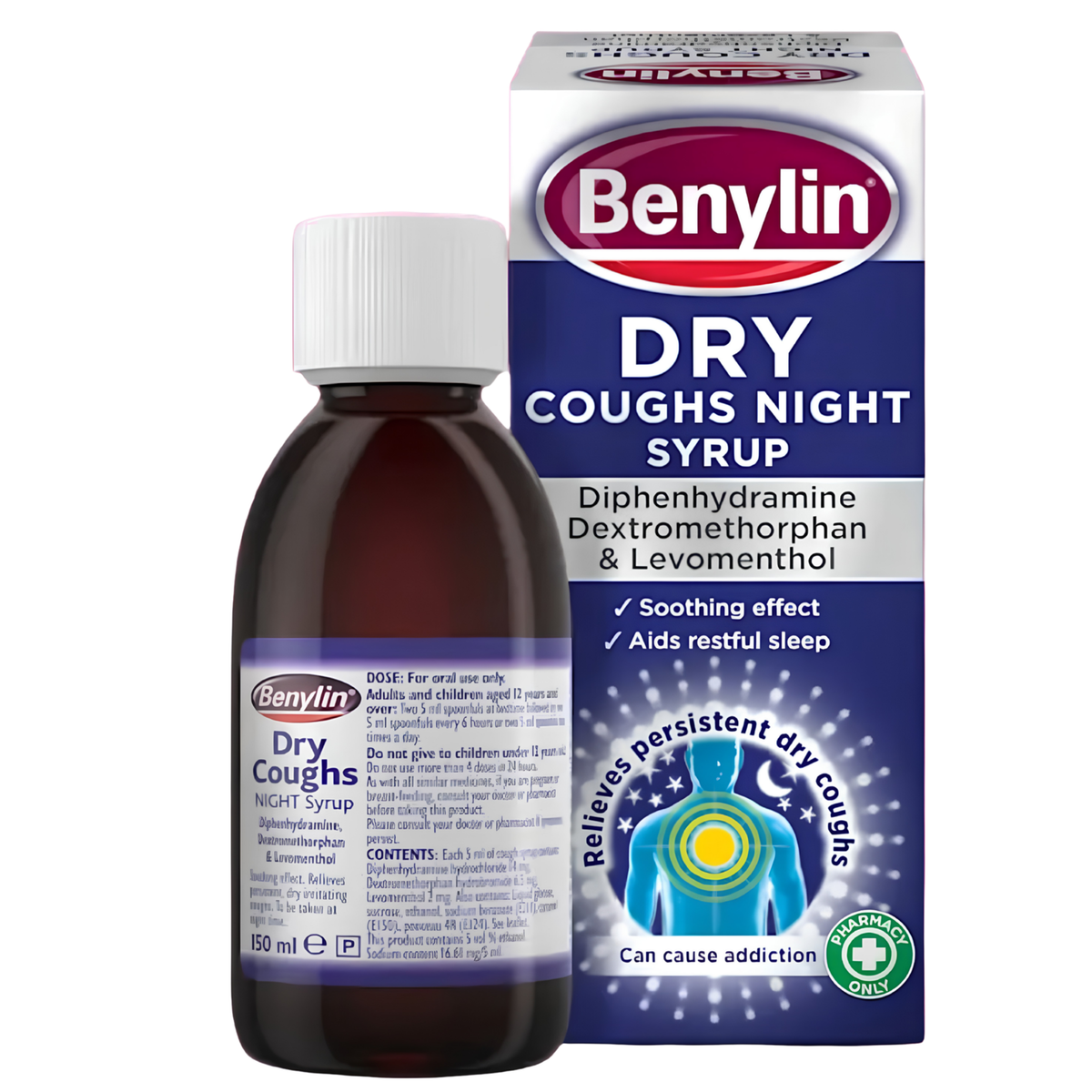 Benylin Dry Coughs Night Syrup bottle and packaging box on a plain white background.