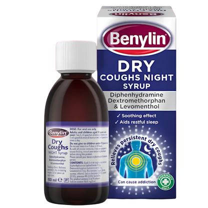 Benylin Dry Coughs Night Syrup bottle and packaging box on a plain white background.