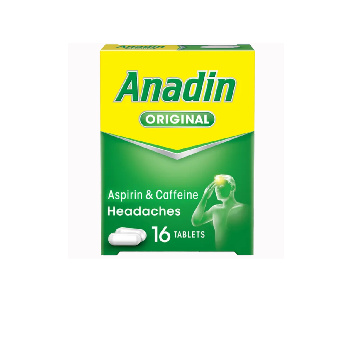 Anadin Original Aspirin and Caffeine Headaches tablets in a green and yellow box, containing 16 white tablets.