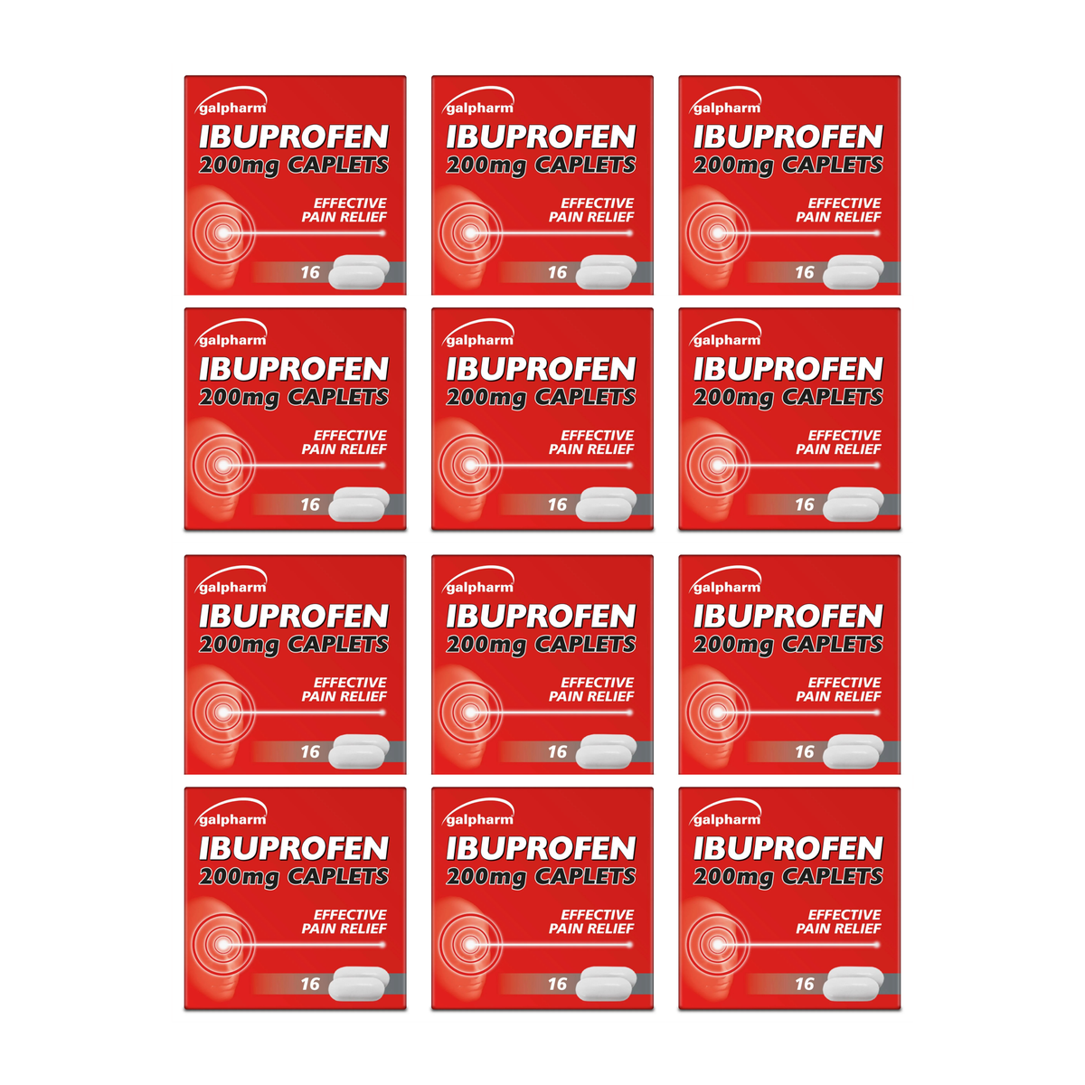 Twelve red boxes of Elmlin Ibuprofen 200mg caplets arranged in a 3x4 grid on a white background.