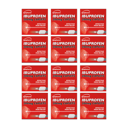 Twelve red boxes of Elmlin Ibuprofen 200mg caplets arranged in a 3x4 grid on a white background.