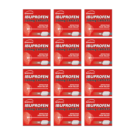 Twelve red boxes of Elmlin Ibuprofen 200mg caplets arranged in a 3x4 grid on a white background.
