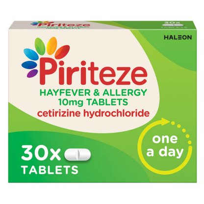 Piriteze hayfever and allergy medication box with colorful logo and green background