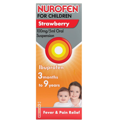 Nurofen for children packaging with strawberry flavor and Ibuprofen content.