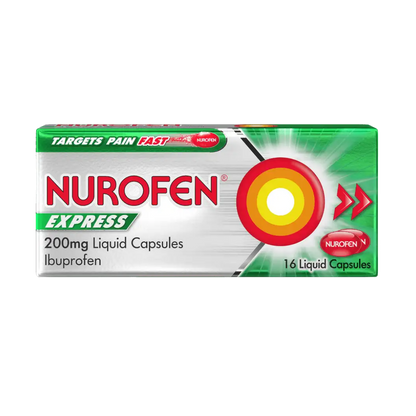 Nurofen Express 200mg liquid capsules packaging on a white background