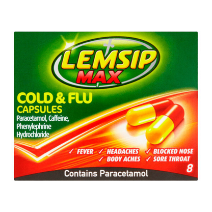 Lemsip Max Cold & Flu Capsules packaging on a white background