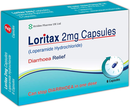 Box of Loritax 2mg Capsules for diarrhoea relief by Strides Pharma UK Ltd.
