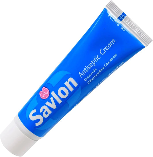 A blue tube of Savlon Antiseptic Cream with a white cap, shown diagonally on a plain white background.