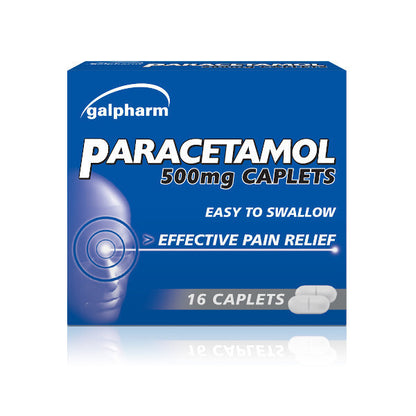 Box of Galpharm Paracetamol 500mg Caplets on a white background