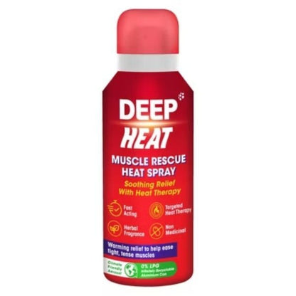 Red bottle of Deep Heat Muscle Rescue Heat Spray on a white background