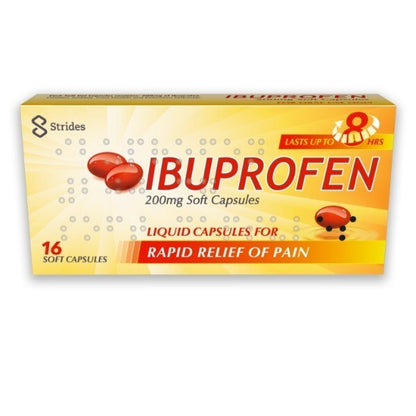 Box of ibuprofen soft capsules with Strides logo on a white background